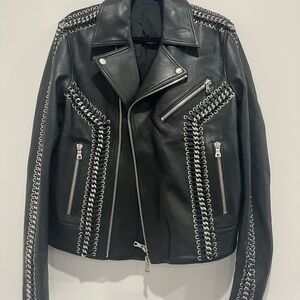 Balmain Black Leather Jacket with Silver Chain Detailing